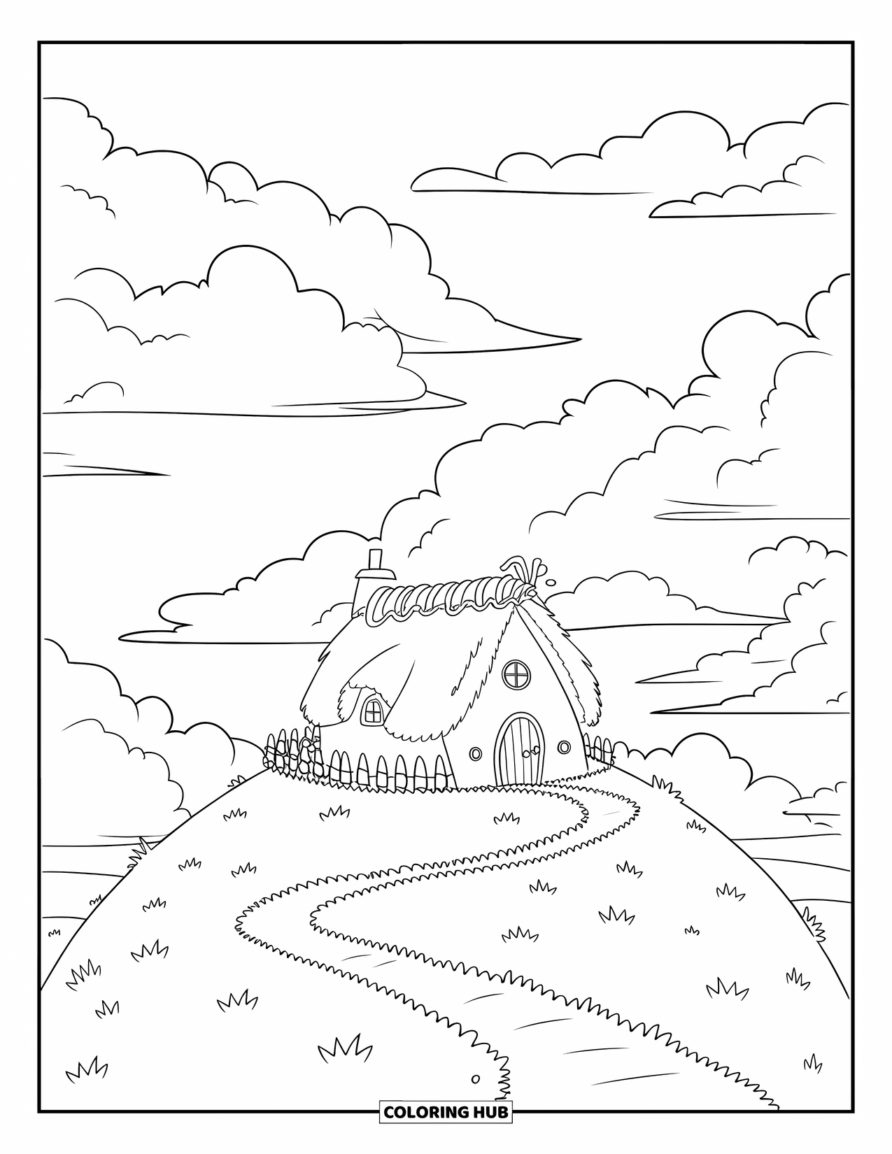 Scenic Coloring Page for Kids: A tiny cottage sits on a round hill with puffy clouds and a winding path