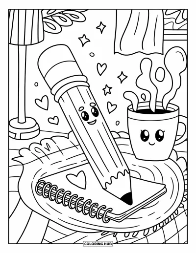 Dibujo de útiles escolares para colorear para adultos: Un lápiz rechoncho y un cuaderno acogedor descansan en una alfombra con estrellas, corazones, taza, planta y lámpara
