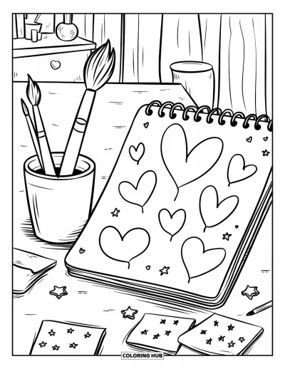 Dibujo de útiles escolares para colorear para adultos: Una mesa de arte acogedora con pincel, bloc de bocetos abierto, corazones garabateados, estrellas y notas adhesivas