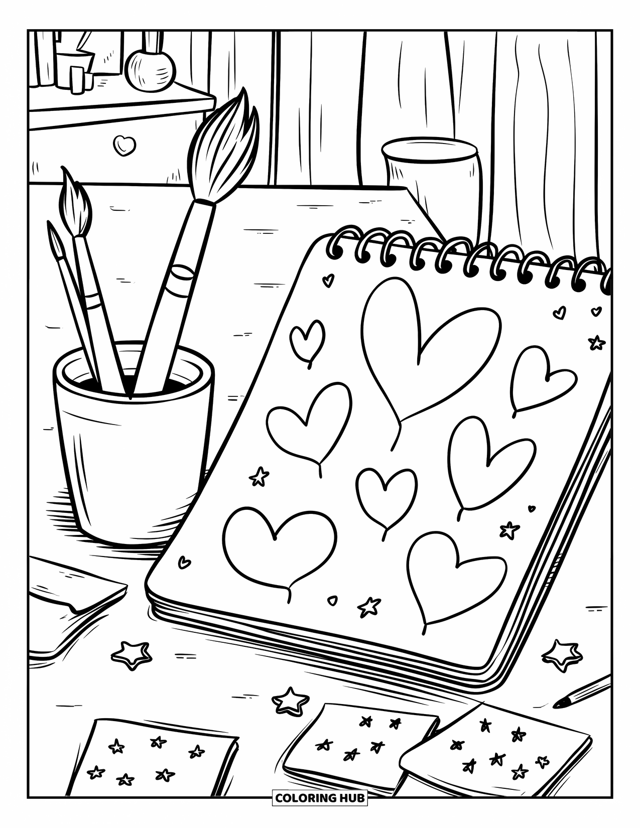 School Supplies Coloring Page for Adults: A cozy art table with paintbrush, open sketchpad, doodled hearts, stars, and sticky notes