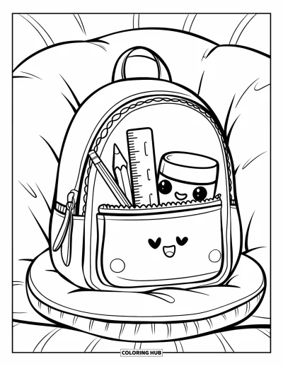 Dibujo de útiles escolares para colorear para adultos: Una mochila acogedora sobre un cojín abierta para mostrar un estuche, regla y un borrador asomando