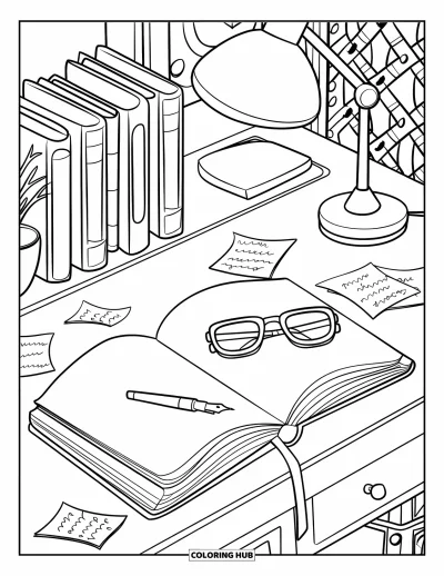 Dibujo de útiles escolares para colorear para adultos: Un escritorio acogedor con diario abierto, pluma estilográfica, gafas, notas esparcidas, libros, lámpara y planta