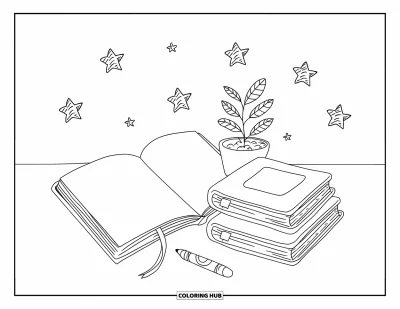 Dibujo de útiles escolares para colorear para adultos: Un rincón acogedor con cuaderno de bocetos, libros apilados, crayón simpático, pequeña planta y estrellas flotando