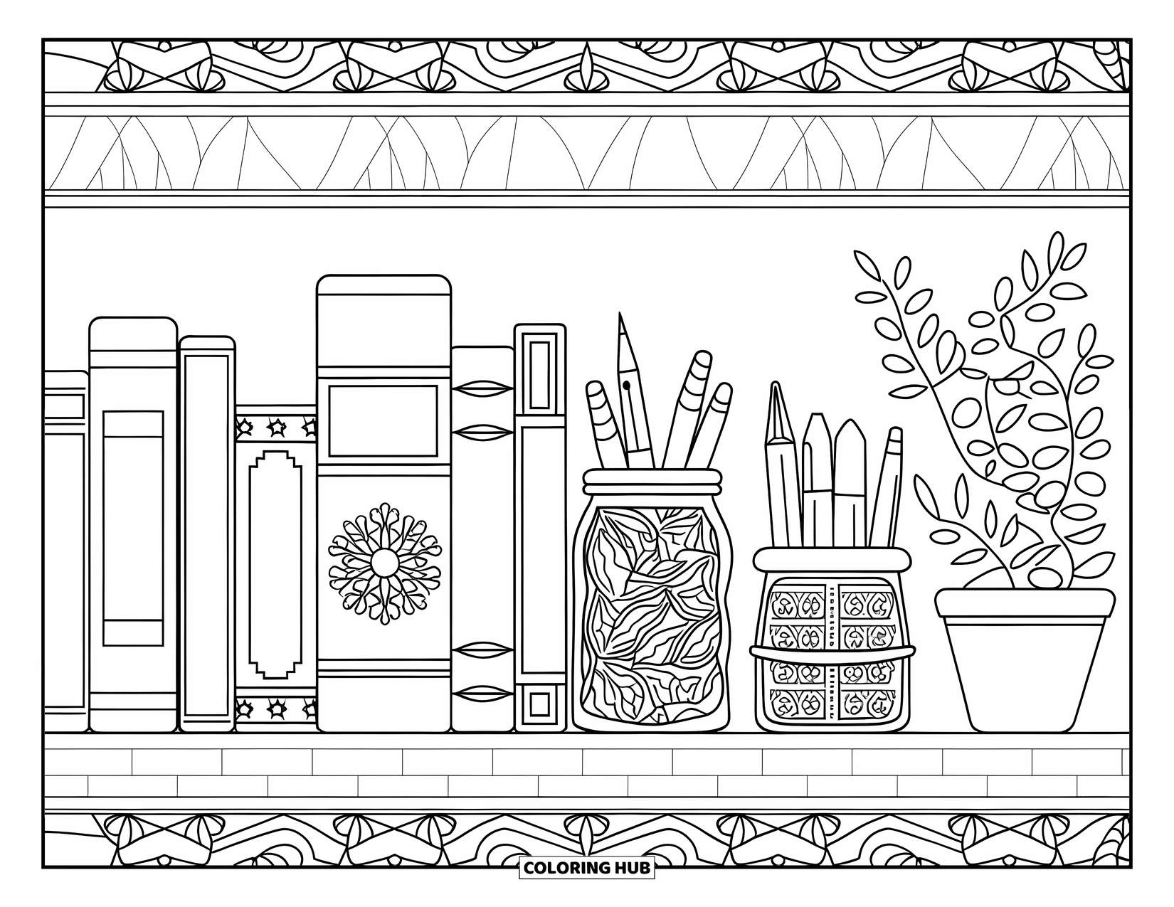 School Supplies Coloring Page for Adults: A cozy shelf holds books, jars of pens, and a small potted plant