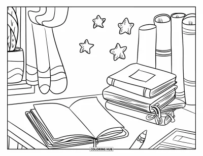Dibujo de útiles escolares para colorear para adultos: Un cuaderno de bocetos encantador, libros apilados, crayón simpático, pequeña planta y estrellas flotando arriba