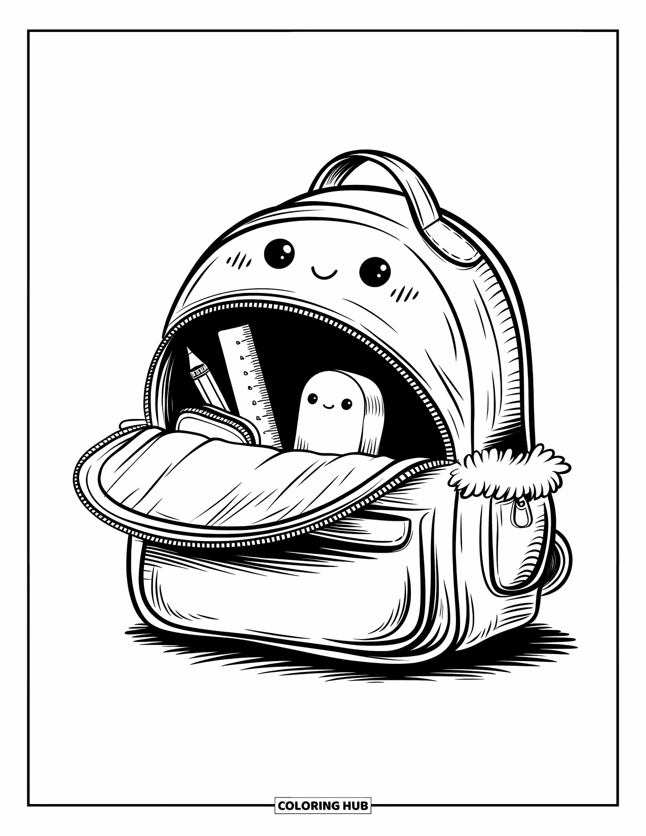 School Supplies Coloring Page for Adults: A cute backpack on a cushion shows a tiny pencil case, ruler, and smiling eraser inside