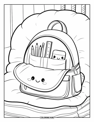 Dibujo de útiles escolares para colorear para adultos: Una mochila bonita sobre un cojín con pequeño estuche, regla y borrador sonriente dentro