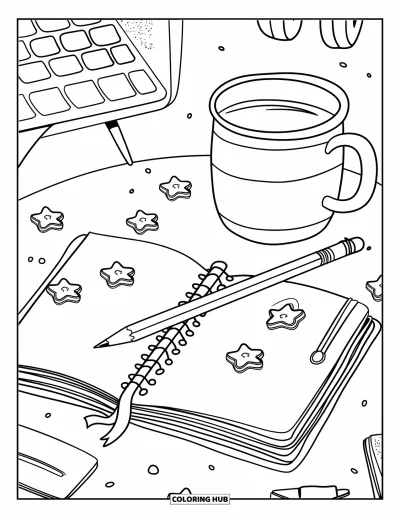 Dibujo de útiles escolares para colorear para adultos: Una escena de escritorio encantadora con taza acogedora, lápiz rechoncho sobre agenda y pequeñas pinzas de estrella