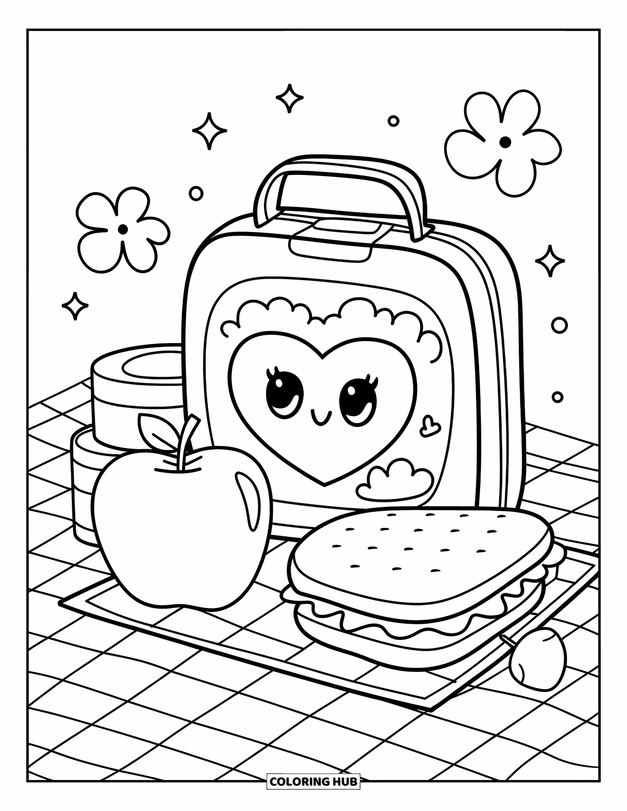 School Supplies Coloring Page for Adults: A cute lunch box with heart, apple, sandwich, juice box, flowers, and sparkles around