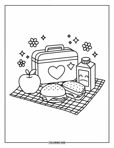 Dibujo de útiles escolares para colorear para adultos: Una lonchera bonita con corazón, estrella, manzana, sándwich, jugo, flores y destellos