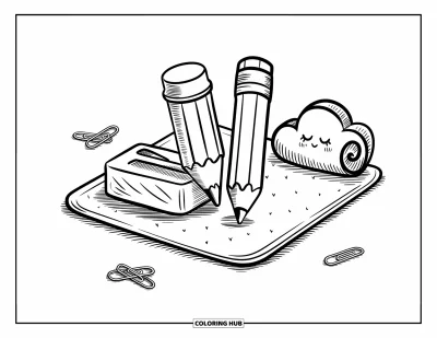 Dibujo de útiles escolares para colorear para adultos: Un sacapuntas y un lápiz corto dibujados a mano se dan la mano sobre una alfombra con clips y una nota en forma de nube