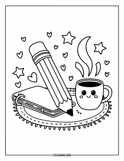 Dibujo de útiles escolares para colorear para adultos: Un lápiz regordete feliz apoyado en un cuaderno acogedor con estrellas, corazones y una taza sonriente