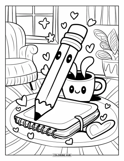 Dibujo de útiles escolares para colorear para adultos: Un lápiz feliz apoyado en un cuaderno con estrellas, corazones, taza, ventana, silla y planta