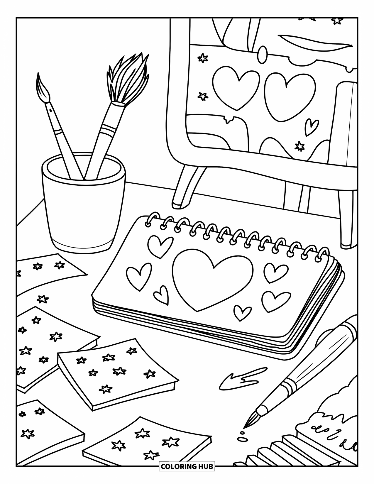 School Supplies Coloring Page for Adults: A peaceful art table with chubby paintbrush, sketchpad, doodled hearts, and scattered sticky notes