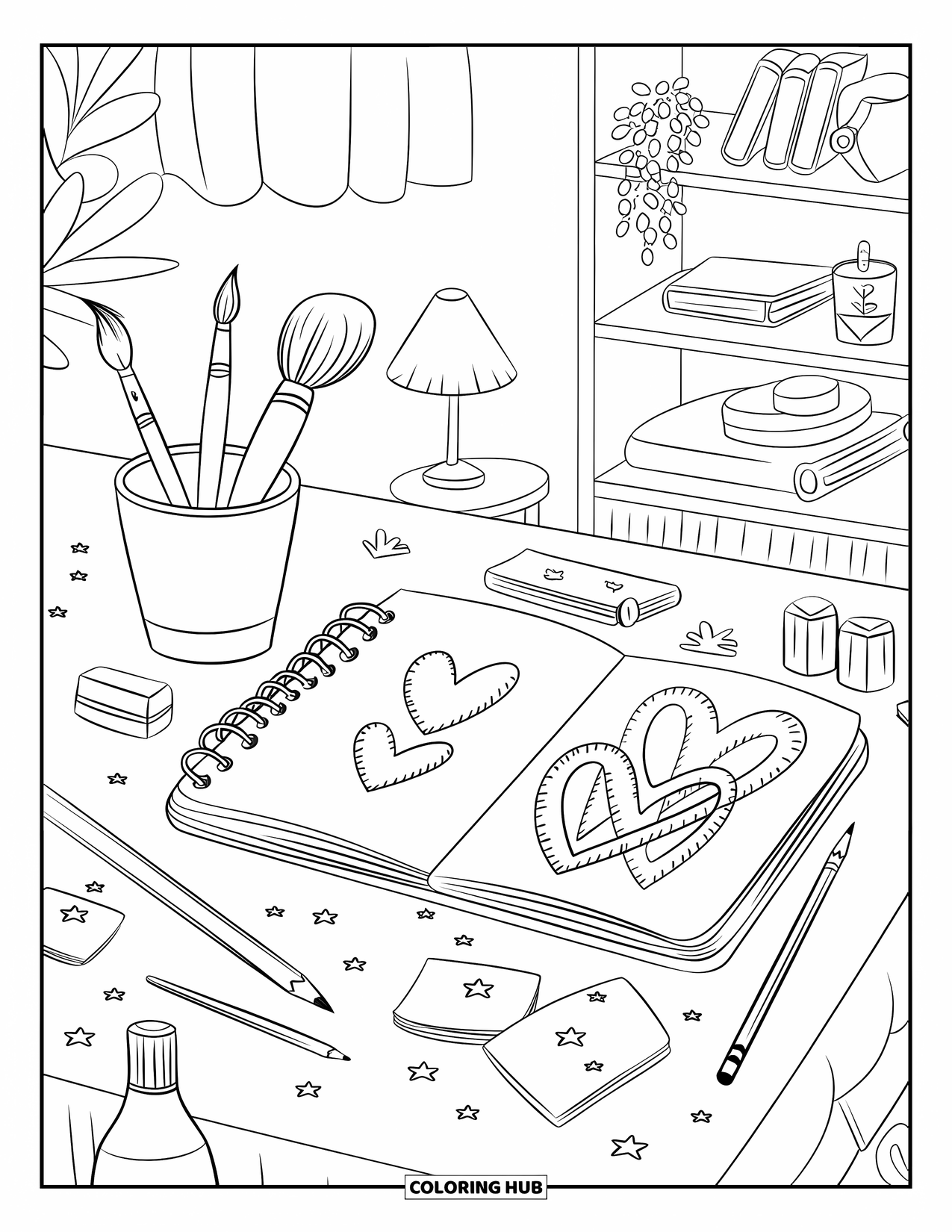 School Supplies Coloring Page for Adults: A peaceful art table with paintbrush, sketchpad, hearts, stars, sticky notes, and extra supplies