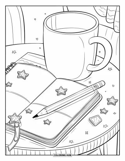 Dibujo de útiles escolares para colorear para adultos: Un escritorio redondo con taza grande, lápiz rechoncho sobre agenda y clips de estrella esparcidos