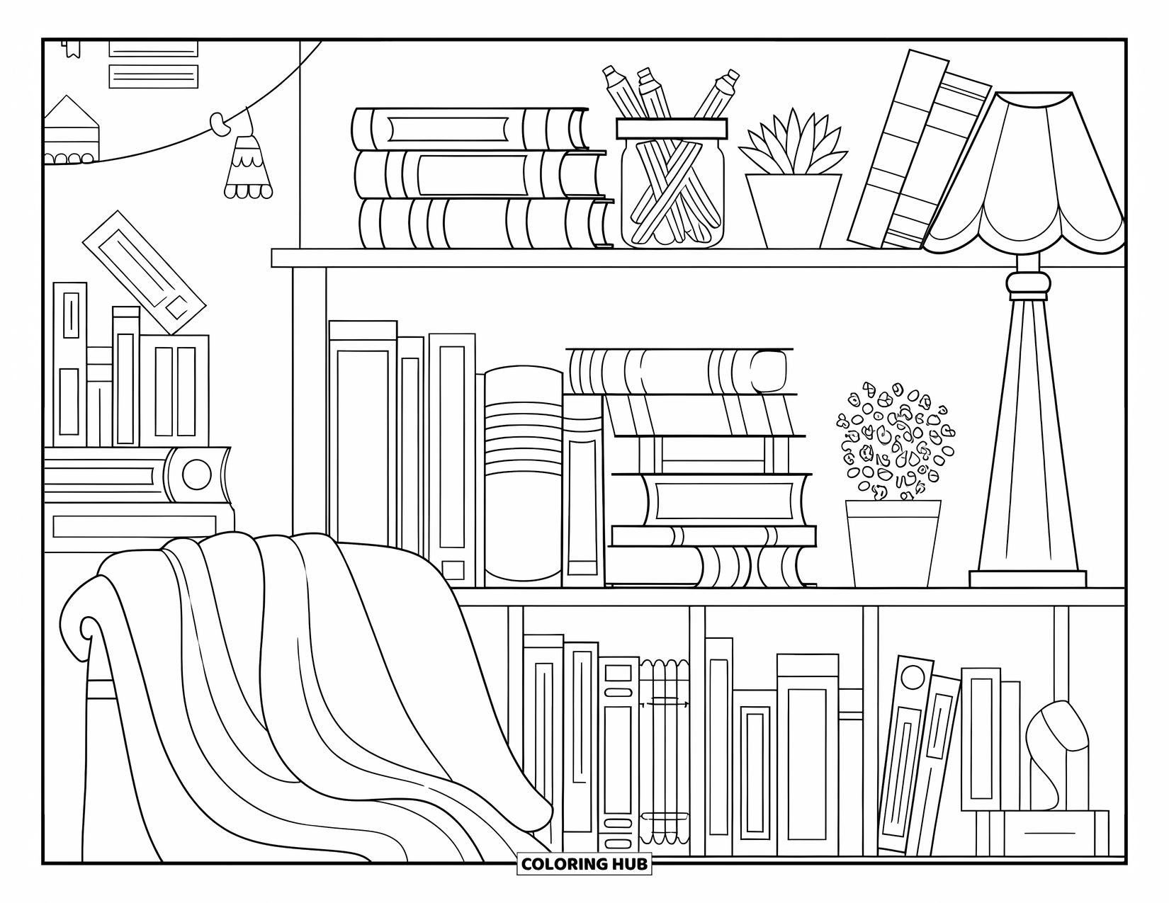 School Supplies Coloring Page for Adults: A shelf scene with books, jars of pens, vintage lamp, chair blanket, and cozy touches