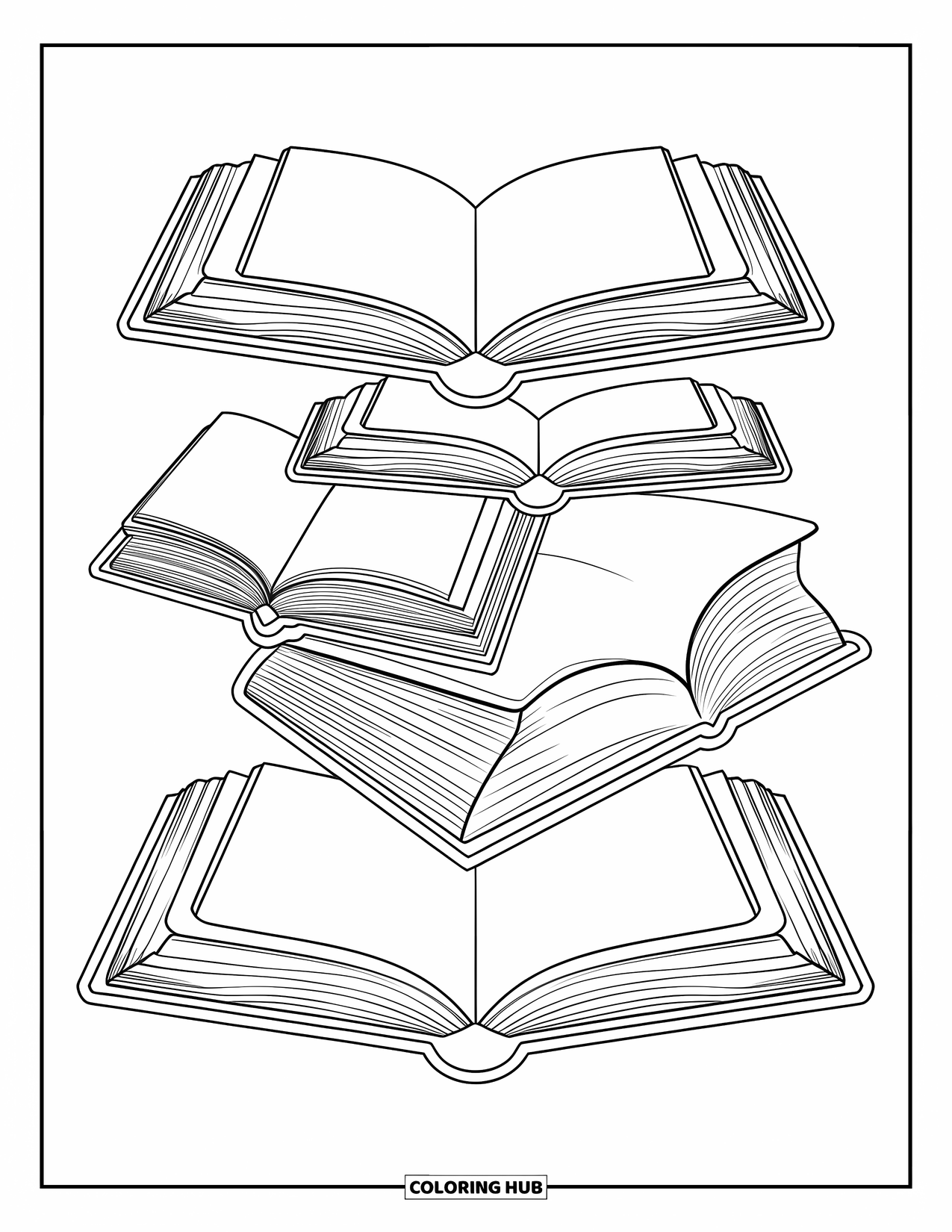 School Supplies Coloring Page for Adults: A spread of open books stacked at angles with flowing decorative borders