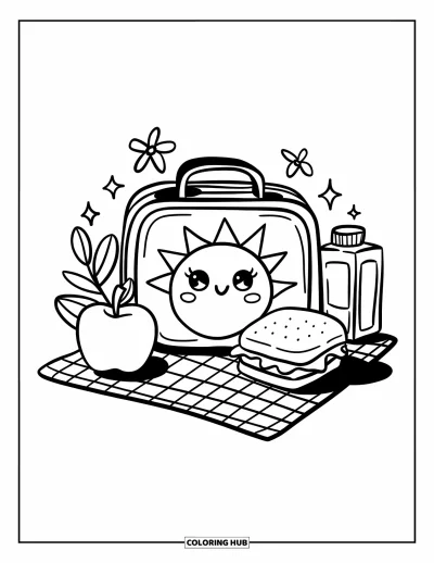 Dibujo de útiles escolares para colorear para adultos: Una lonchera adorable con sol sonriente, manzana, sándwich, jugo, flores y destellos cerca