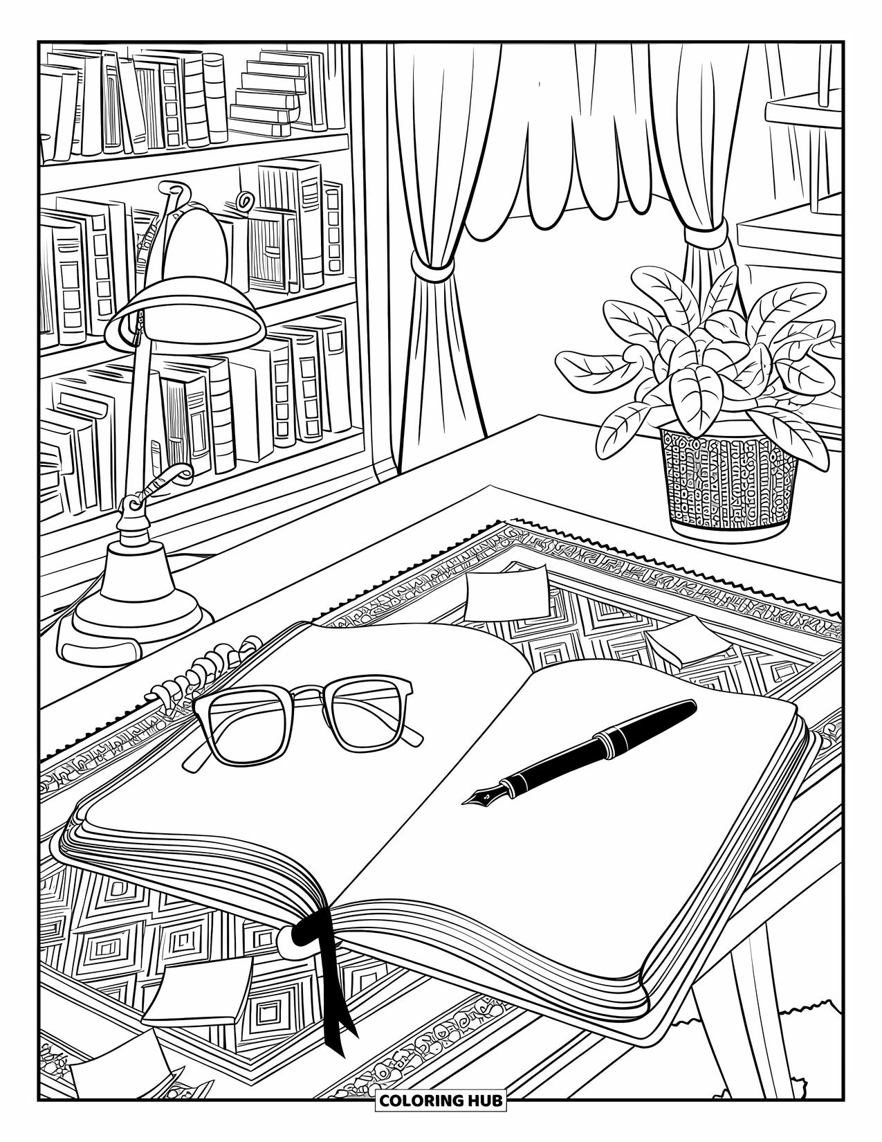 School Supplies Coloring Page for Adults: A writer's desk with open journal, fountain pen, glasses, notes, plant, and bookshelf