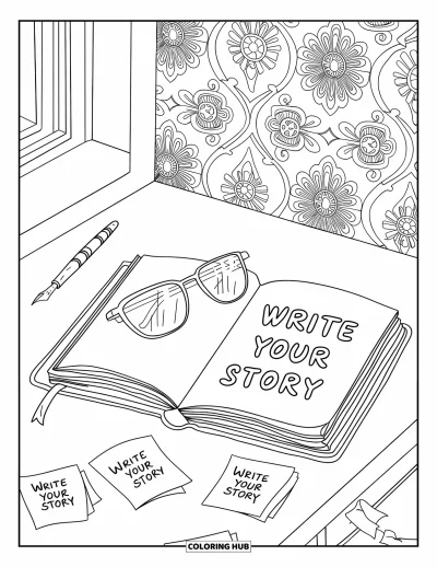 Dibujo de útiles escolares para colorear para adultos: El escritorio de un escritor con diario abierto, bolígrafo, gafas y notas que dicen "Write your story"