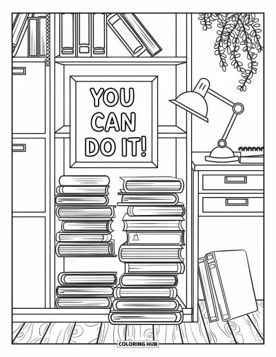 Dibujo de útiles escolares para colorear para adultos: Estantería y escritorio con libros, cita enmarcada, lámpara, bolígrafo, cuaderno y un rincón acogedor