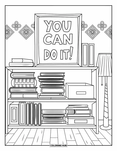 Dibujo de útiles escolares para colorear para adultos: Estantería con libros de texto, archivos y una cita enmarcada "You can do it!"
