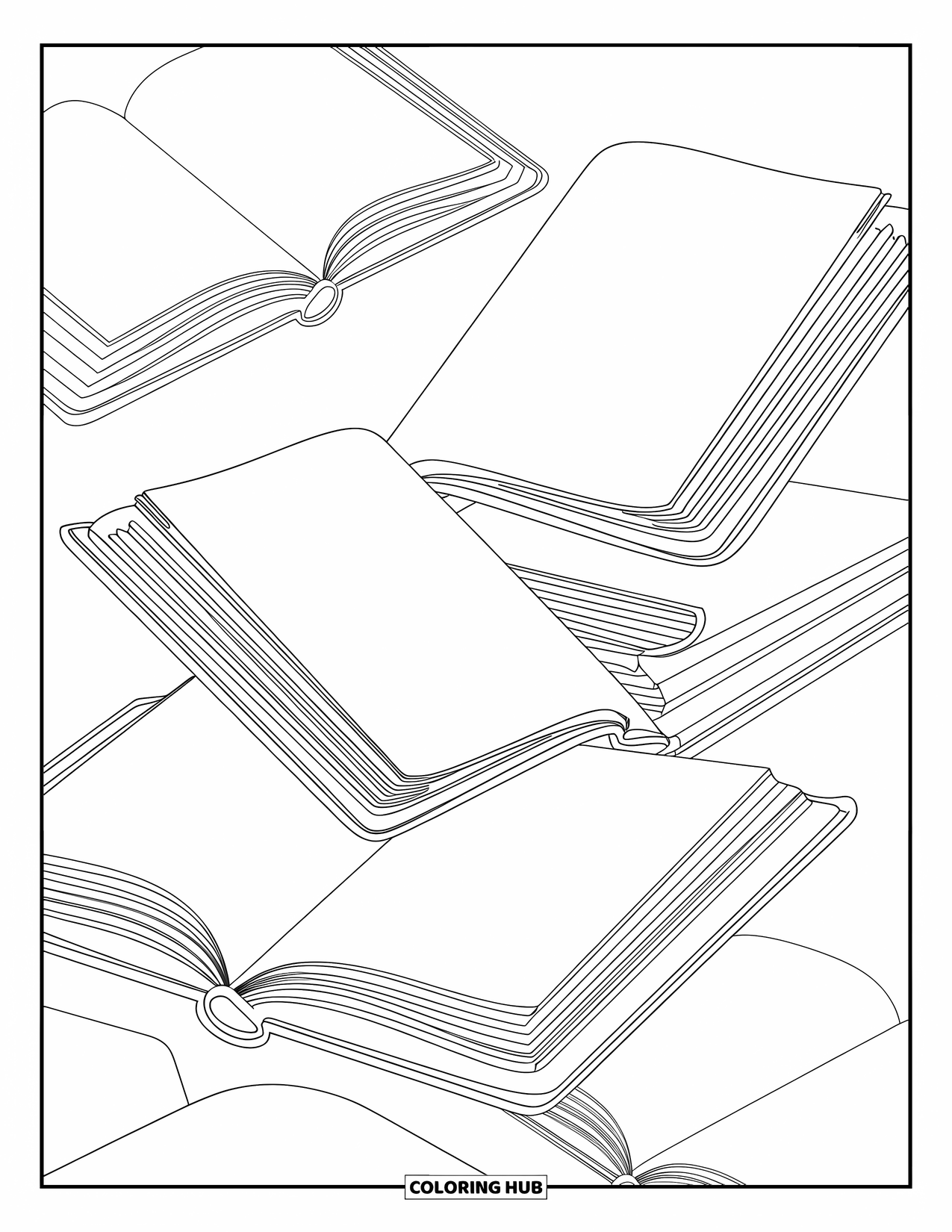 School Supplies Coloring Page for Adults: Open books stacked at angles with intricate decorative borders wrapping around