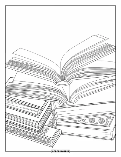 Dibujo de útiles escolares para colorear para adultos: Libros abiertos apilados en distintos ángulos con bonitos bordes decorativos por todas partes