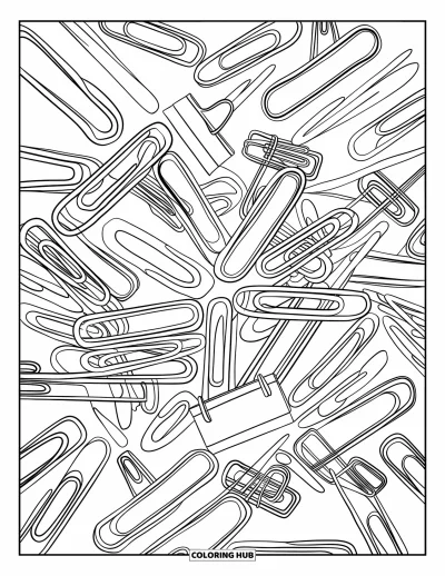 Dibujo de útiles escolares para colorear para adultos: Clips, chinchetas y pinzas de carpeta llenan la página en un cluster de garabatos detallado