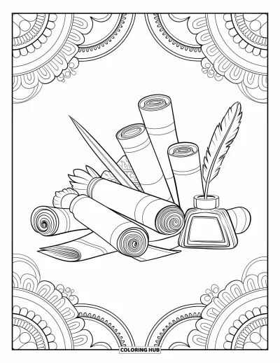 Dibujo de útiles escolares para colorear para adultos: Pergaminos con diseños, frascos de tinta y plumas juntos con pequeños toques decorativos