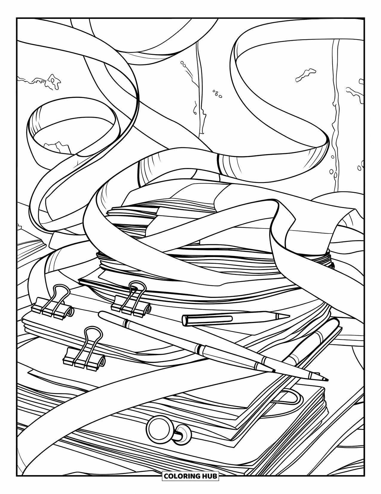 School Supplies Coloring Page for Adults: Ribbons twist around paper stacks, binder clips, pens, and small round accents
