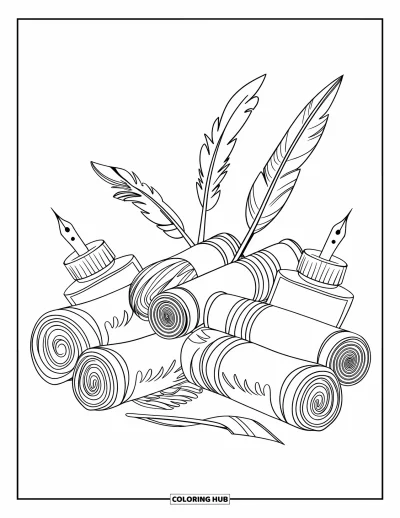 Dibujo de útiles escolares para colorear para adultos: Pergaminos enrollados, frascos de tinta y plumas reunidos ordenadamente en un conjunto creativo
