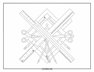 Dibujo de útiles escolares para colorear para adultos: Tijeras, reglas y compases dispuestos en una composición geométrica tranquila