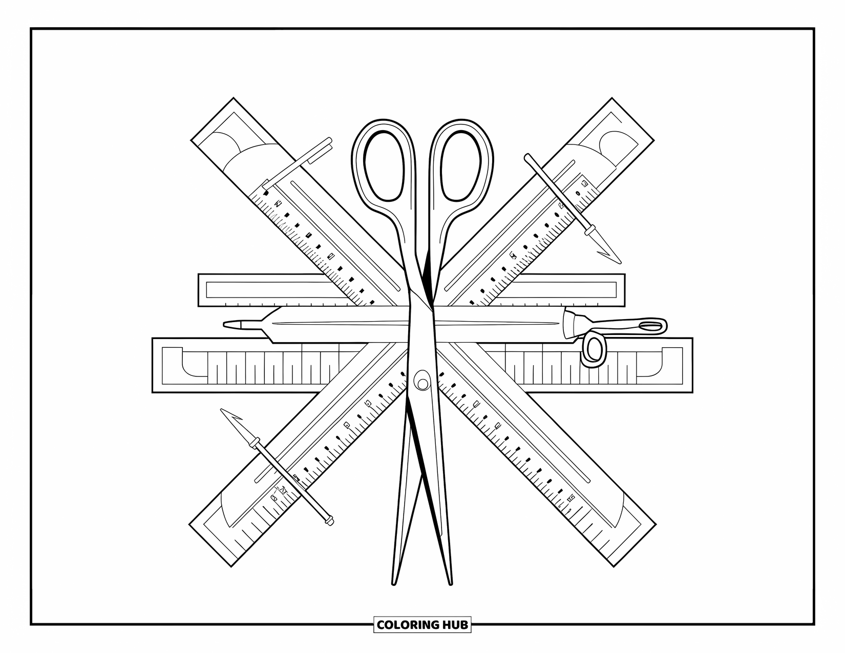 School Supplies Coloring Page for Adults: Scissors, rulers, and compasses cross in an elegant geometric pattern