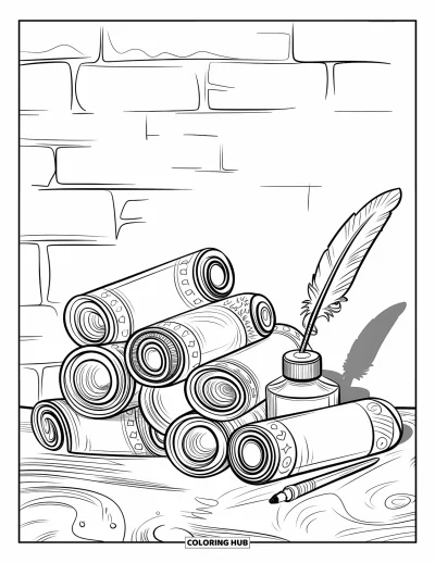 Dibujo de útiles escolares para colorear para adultos: Rollos de pergamino, frascos de tinta y plumas sobre una superficie con textura y un fondo de ladrillo suave