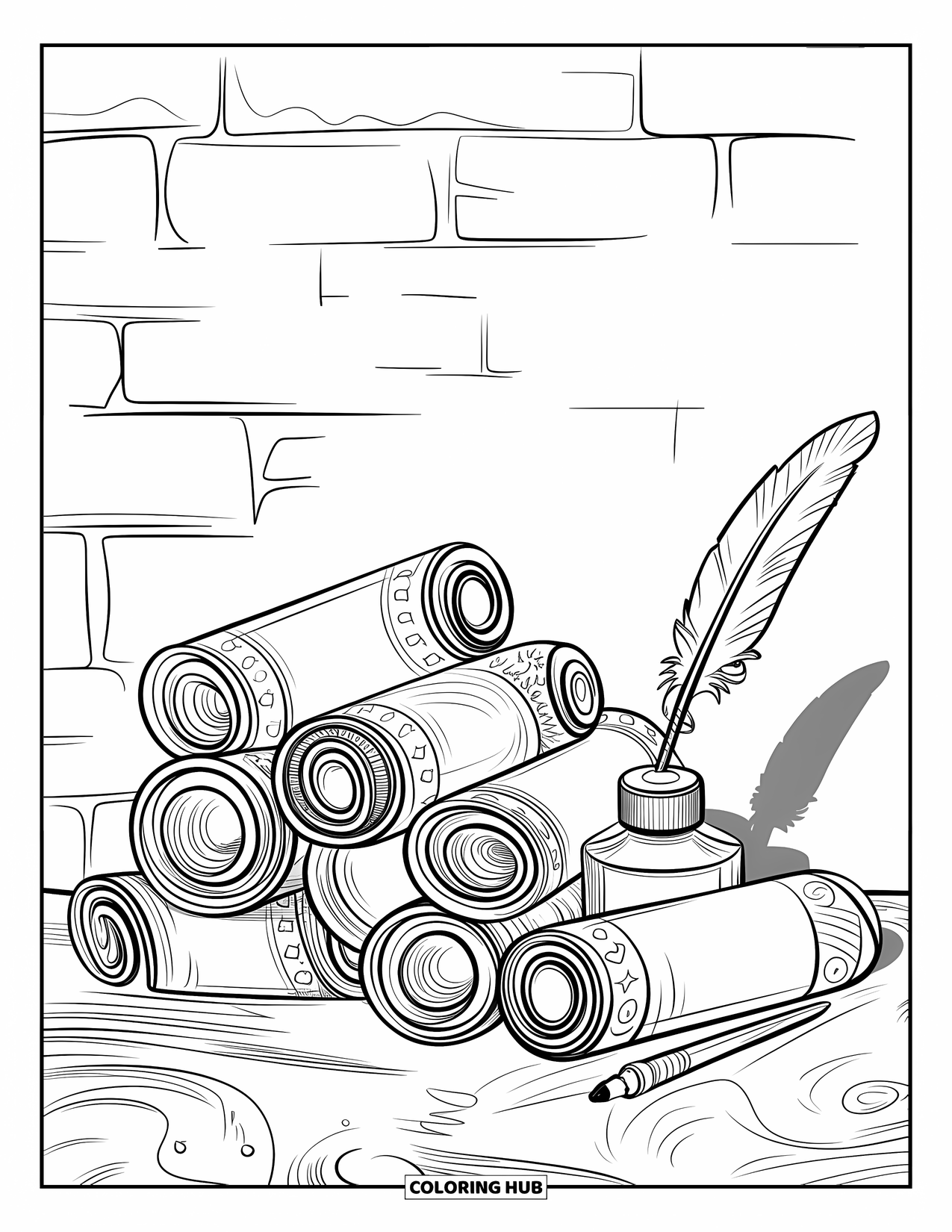 School Supplies Coloring Page for Adults: Scrolls, ink bottles, and quills on a textured surface with a soft brick backdrop