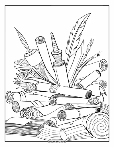 Dibujo de útiles escolares para colorear para adultos: Rollos de pergamino, frascos de tinta y plumas reunidos en un montón artístico