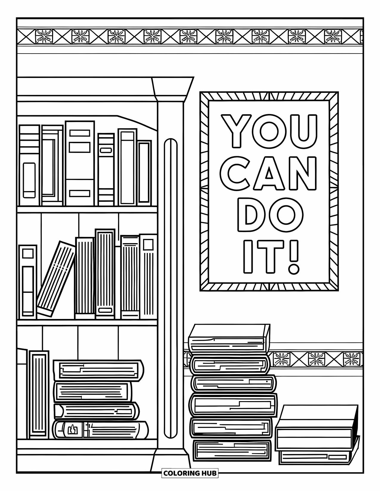 School Supplies Coloring Page for Adults: Textbooks, files, and a cheerful "You can do it!" quote sit on shelves