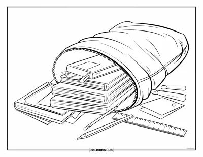 Dibujo de útiles escolares para colorear para niños: Una mochila abierta derrama libros, regla, lápiz y pincel en el suelo