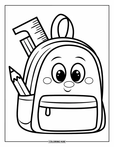 Dibujo de útiles escolares para colorear para niños: Una mochila con cara sonriente, ojos grandes, lápiz y regla asomando por el bolsillo