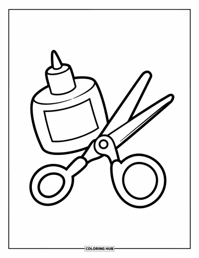 Dibujo de útiles escolares para colorear para niños: Un pegamento en barra gigante y unas tijeras sin punta se cruzan de forma juguetona