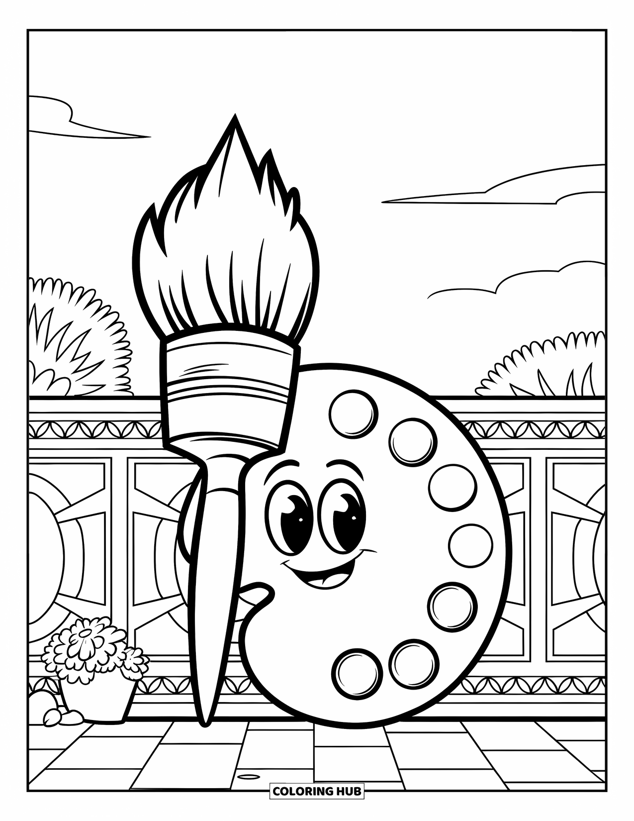 School Supplies Coloring Page for Kids: A big paintbrush leans on a wall with patterns, a plant, and clouds above