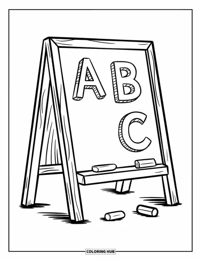 Dibujo de útiles escolares para colorear para niños: Una pizarra con las letras A B C sobre un soporte con tiza esparcida debajo