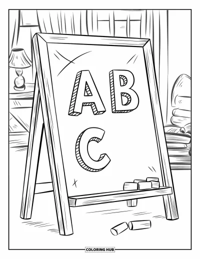 Dibujo de útiles escolares para colorear para niños: Una pizarra con las letras A B C, tiza, libros, ventana y lámpara en un aula