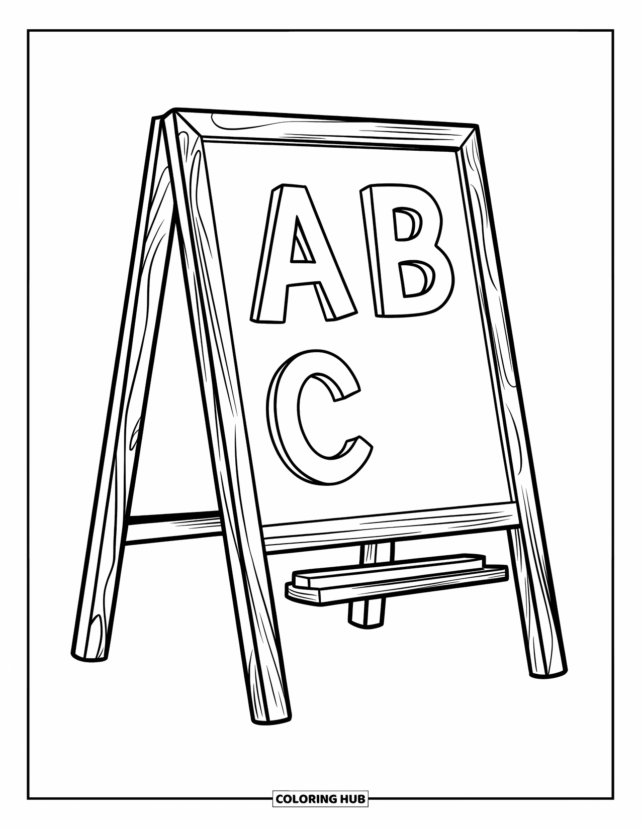 School Supplies Coloring Page for Kids: A chalkboard with A B C letters sits on a wooden stand, chalk scattered nearby