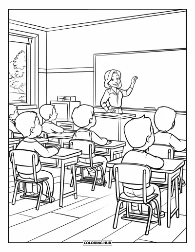 Dibujo de útiles escolares para colorear para niños: Un salón de clases con pupitres, sillas, pizarra, una maestra escribiendo y alumnos aprendiendo juntos