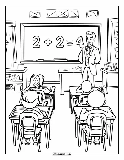 Dibujo de útiles escolares para colorear para niños: Un salón de clases con pupitres, pizarra, un maestro en traje, alumnos y decoraciones divertidas