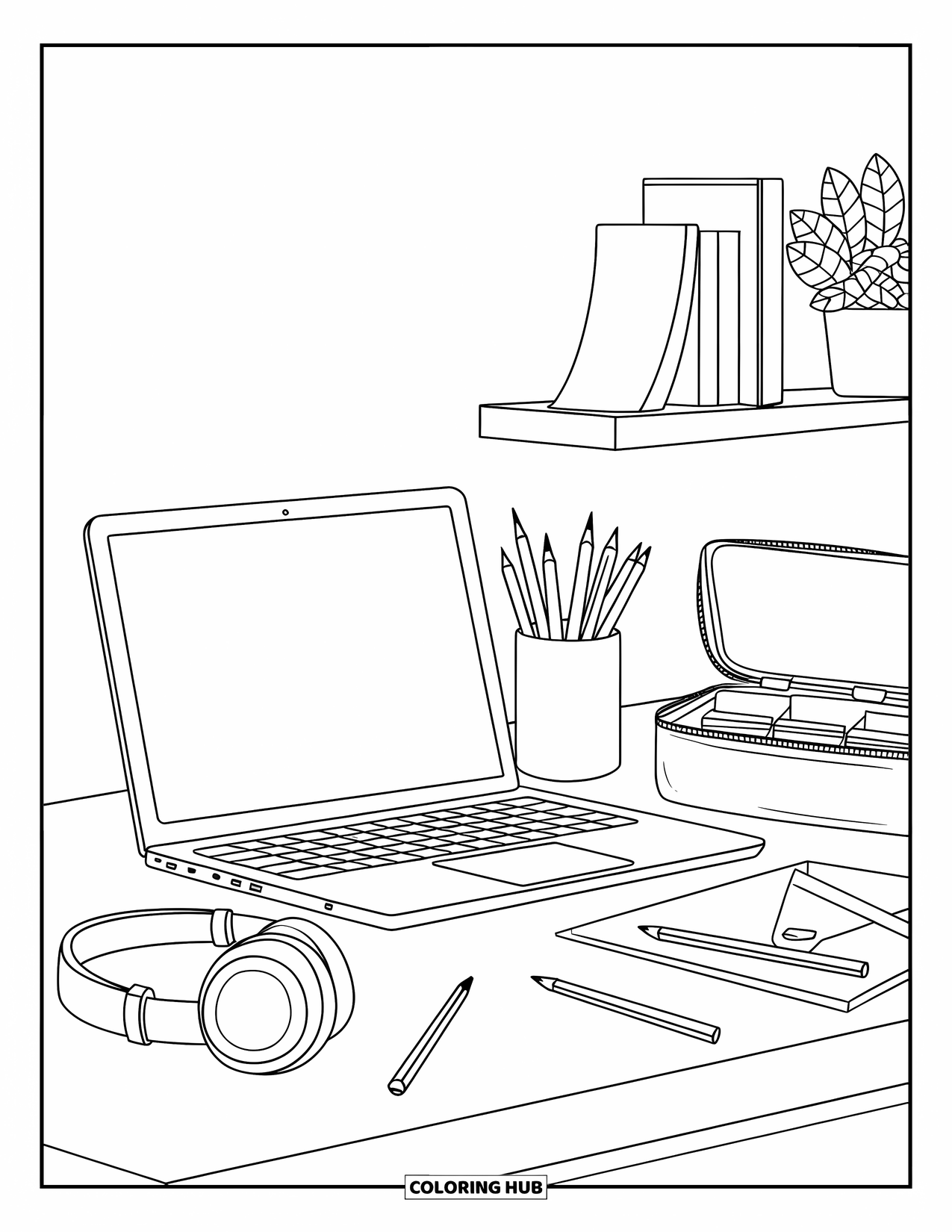 School Supplies Coloring Page for Kids: A clean desk with laptop, headphones, pencil case, scattered pencils, and a shelf above