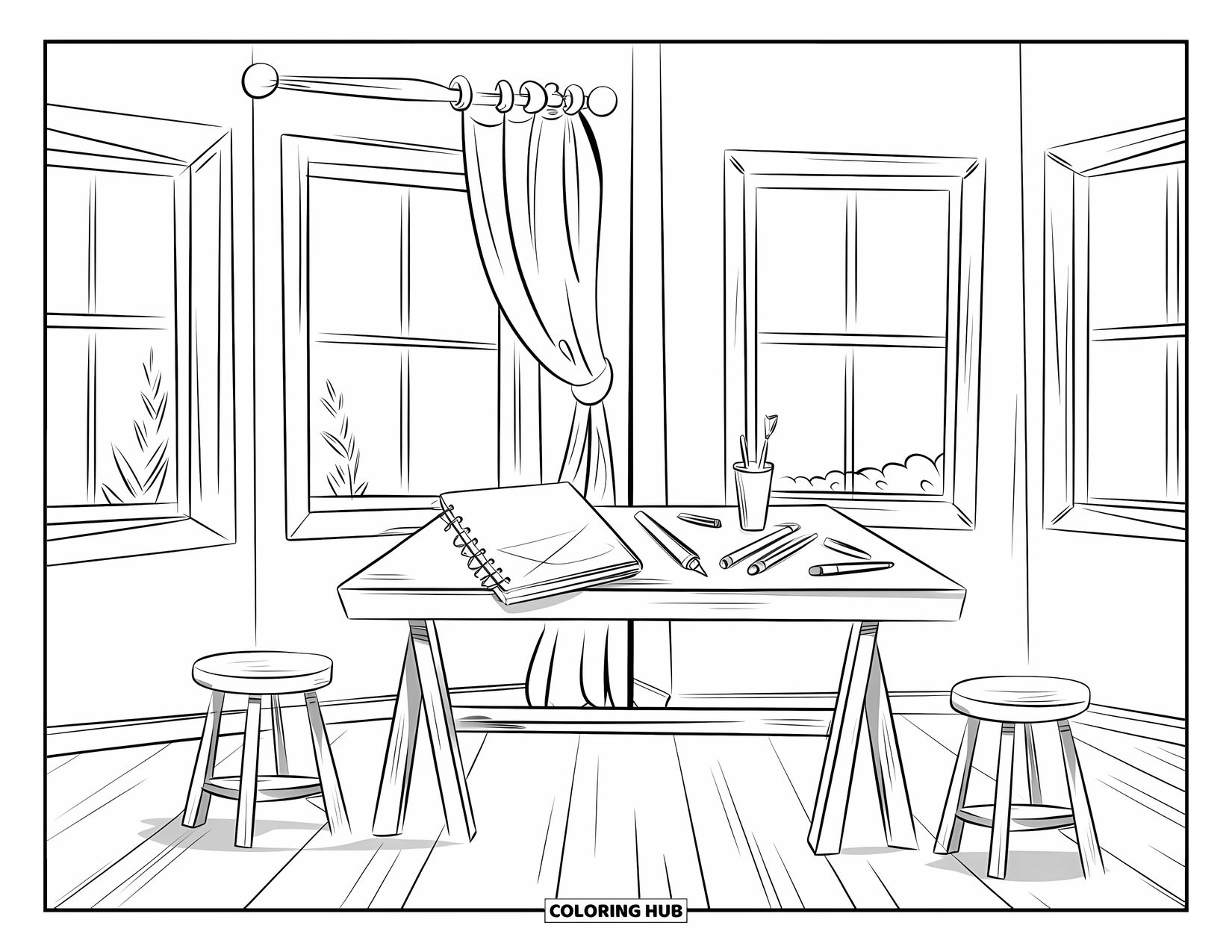 School Supplies Coloring Page for Kids: A cozy art room with a table full of sketchbooks, markers, and brushes
